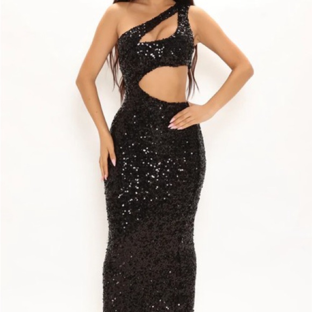 Fashion Nova Black Sequin One-Shoulder Cutout Maxi Dress